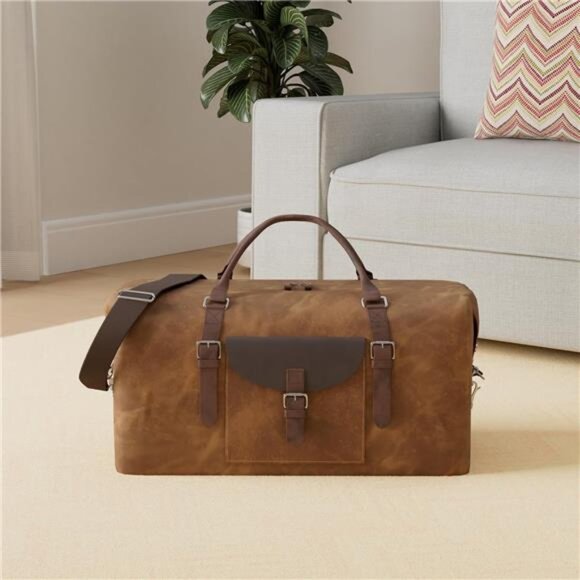 Oversized Travel Duffel Bag Waterproof Canvas Genuine Leather Weekend bag - Picture 2 of 8
